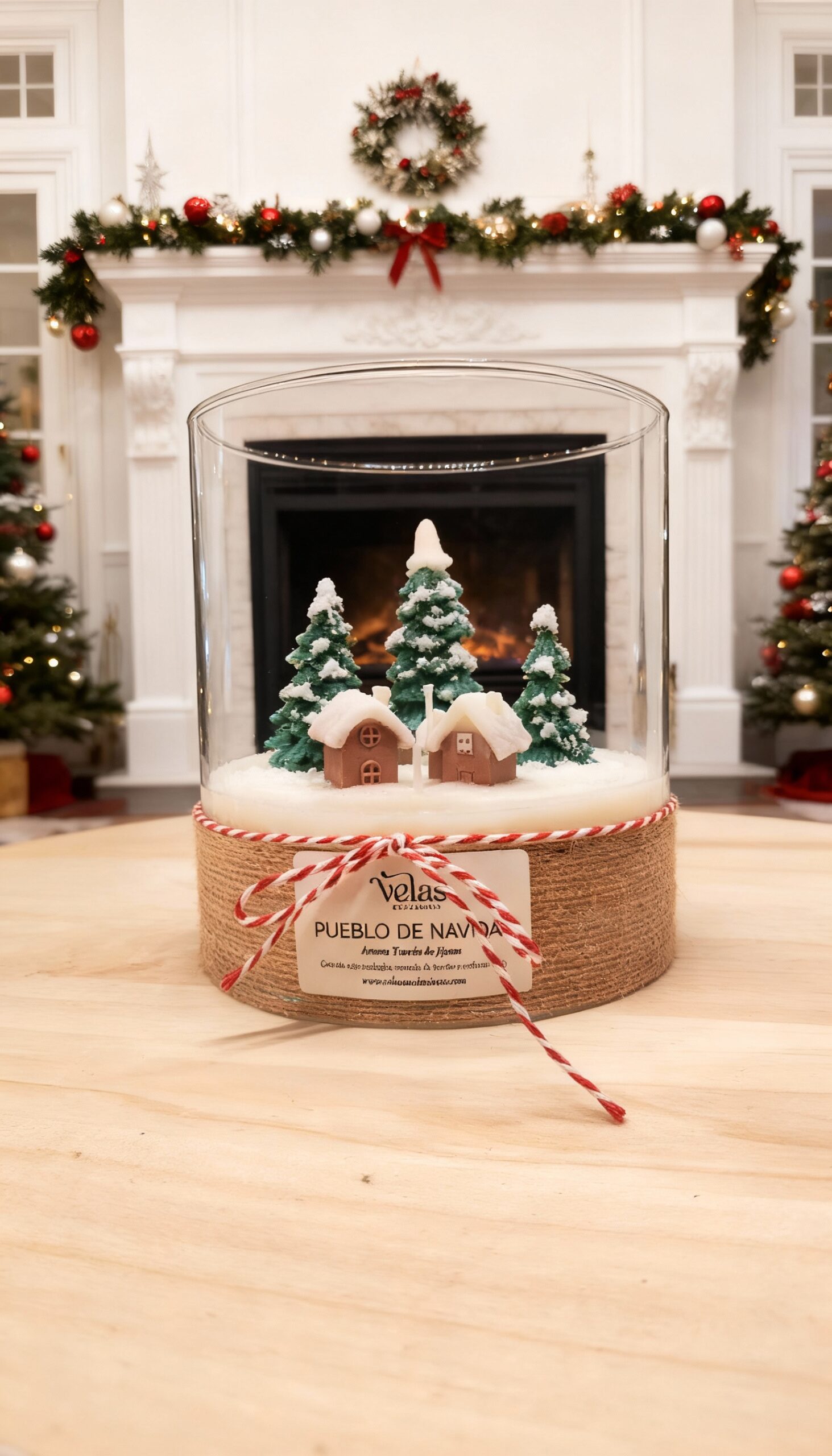 vela pueblo de navidad en jarrón de cristal. Vela exclusiva. Vela de diseño. Regalo de navidad