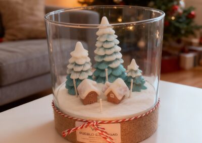 vela pueblo de navidad en jarrón de cristal. Vela exclusiva. Vela de diseño. Regalo de navidad