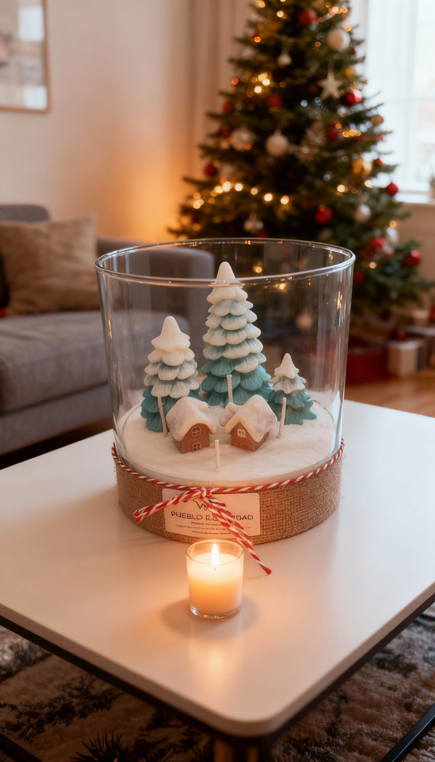 vela pueblo de navidad en jarrón de cristal. Vela exclusiva. Vela de diseño. Regalo de navidad