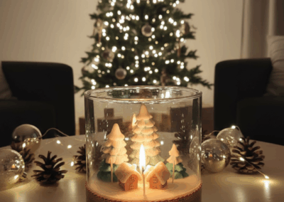 vela pueblo de navidad en jarrón de cristal. Vela exclusiva. Vela de diseño. Regalo de navidad