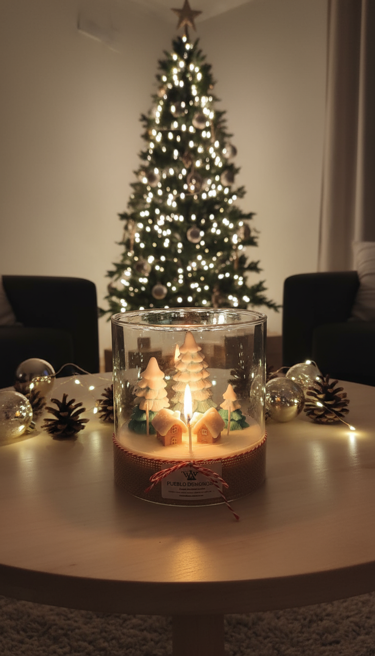 vela pueblo de navidad en jarrón de cristal. Vela exclusiva. Vela de diseño. Regalo de navidad