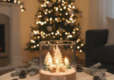 vela pueblo de navidad en jarrón de cristal. Vela exclusiva. Vela de diseño. Regalo de navidad