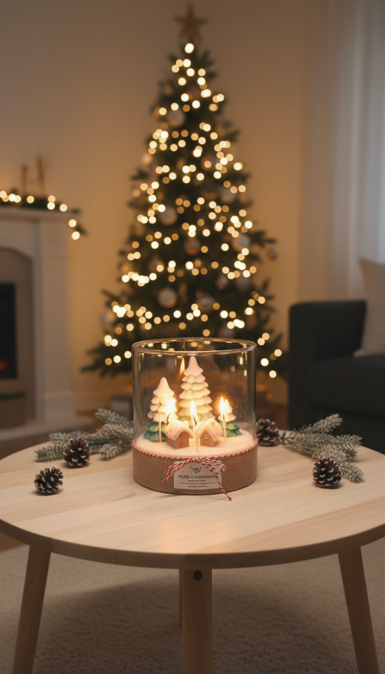 vela pueblo de navidad en jarrón de cristal. Vela exclusiva. Vela de diseño. Regalo de navidad