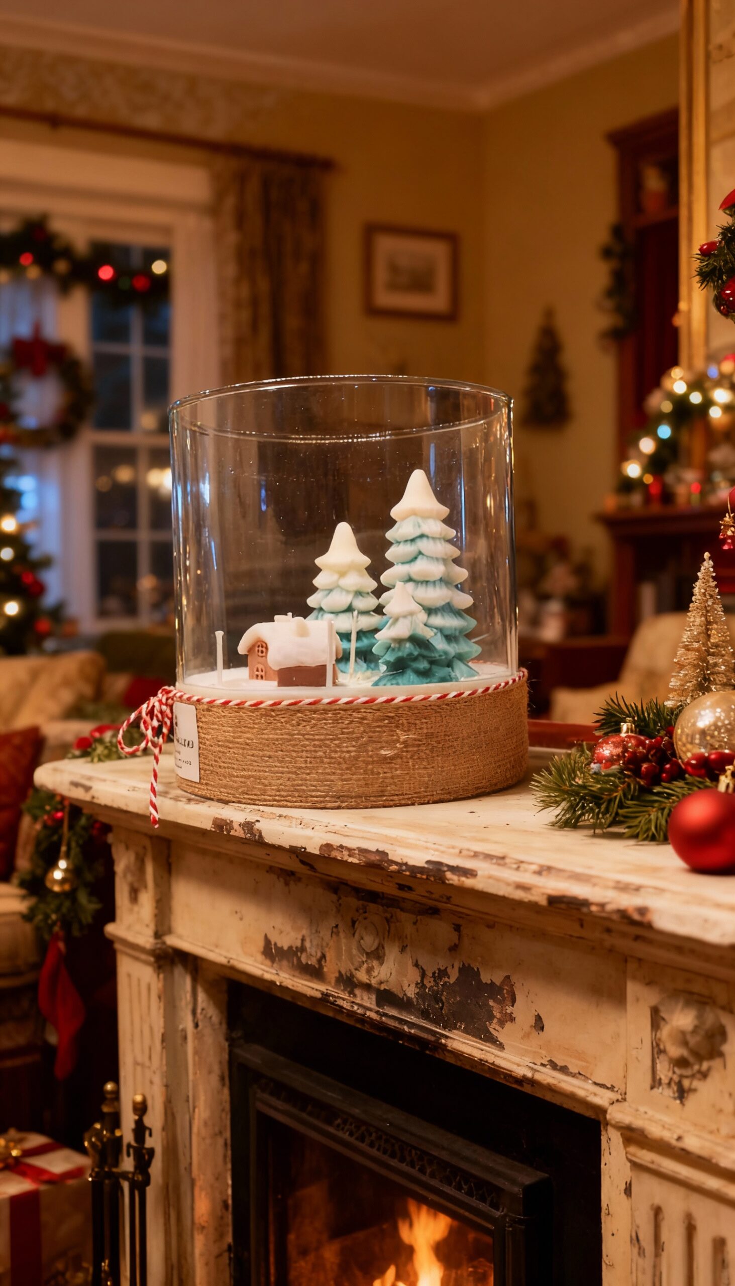 vela pueblo de navidad en jarrón de cristal. Vela exclusiva. Vela de diseño. Regalo de navidad