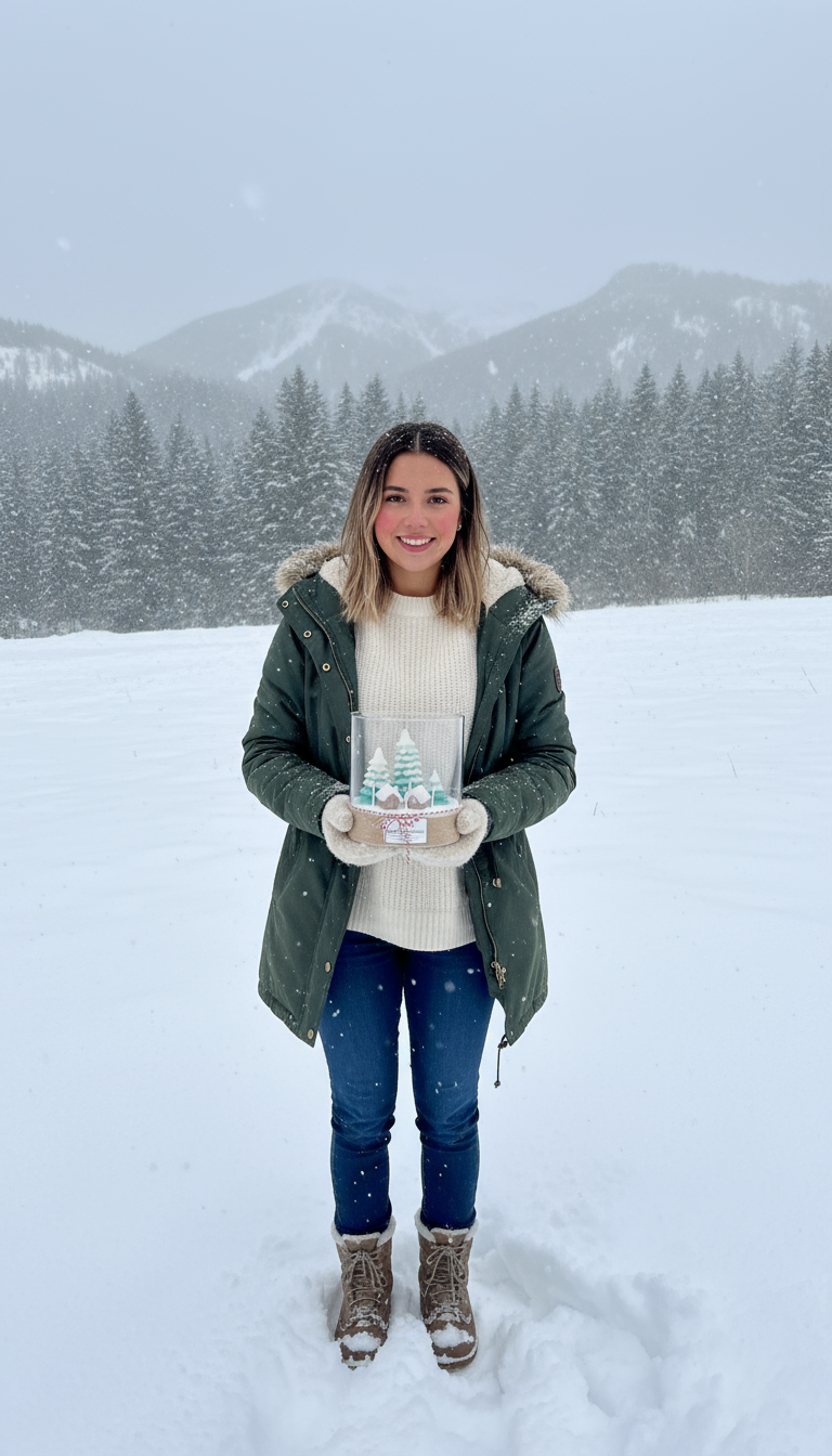 vela pueblo de navidad en jarrón de cristal. Vela exclusiva. Vela de diseño. Regalo de navidad