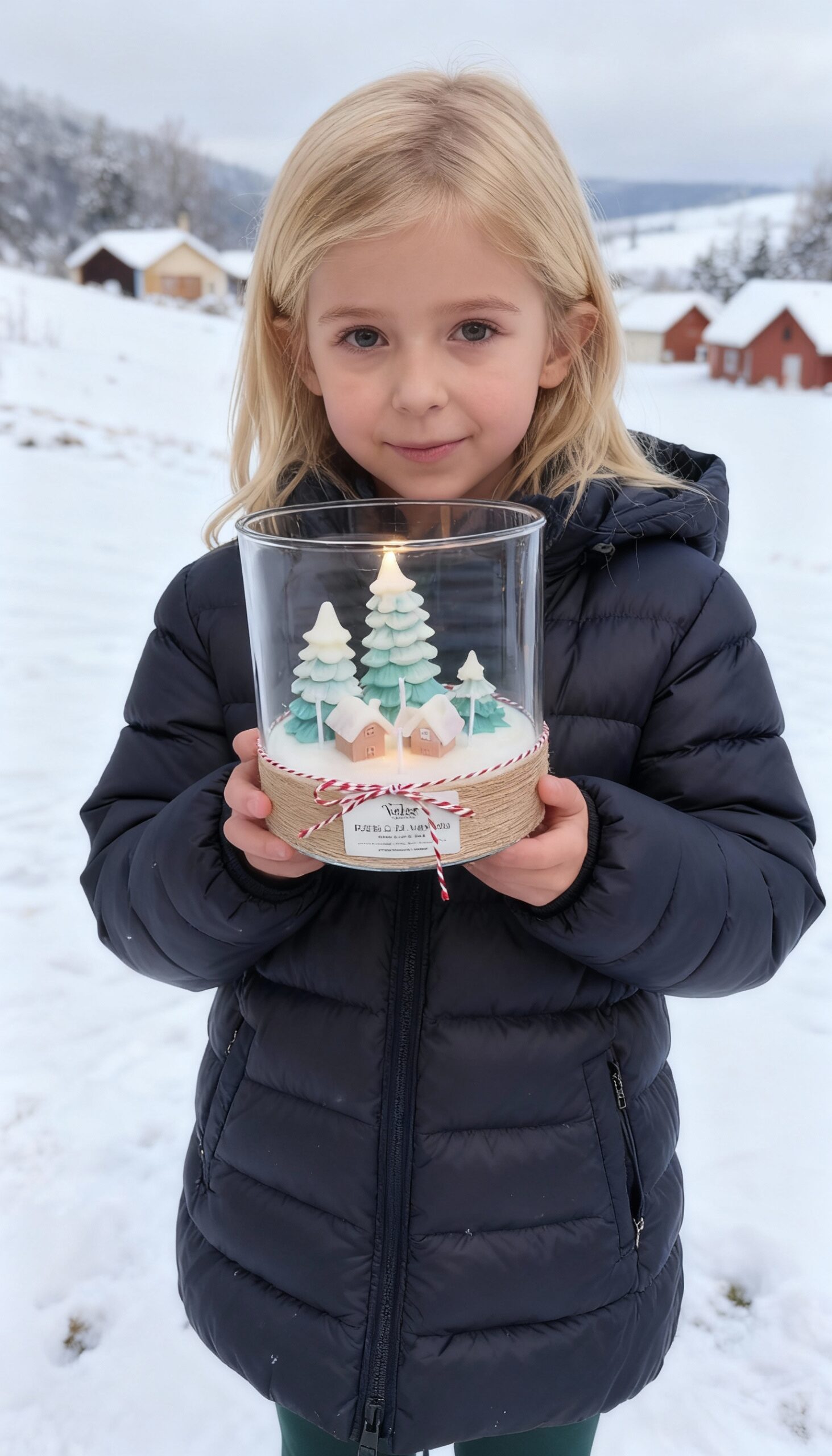 vela pueblo de navidad en jarrón de cristal. Vela exclusiva. Vela de diseño. Regalo de navidad