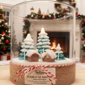 vela pueblo de navidad en jarrón de cristal. Vela exclusiva. Vela de diseño. Regalo de navidad