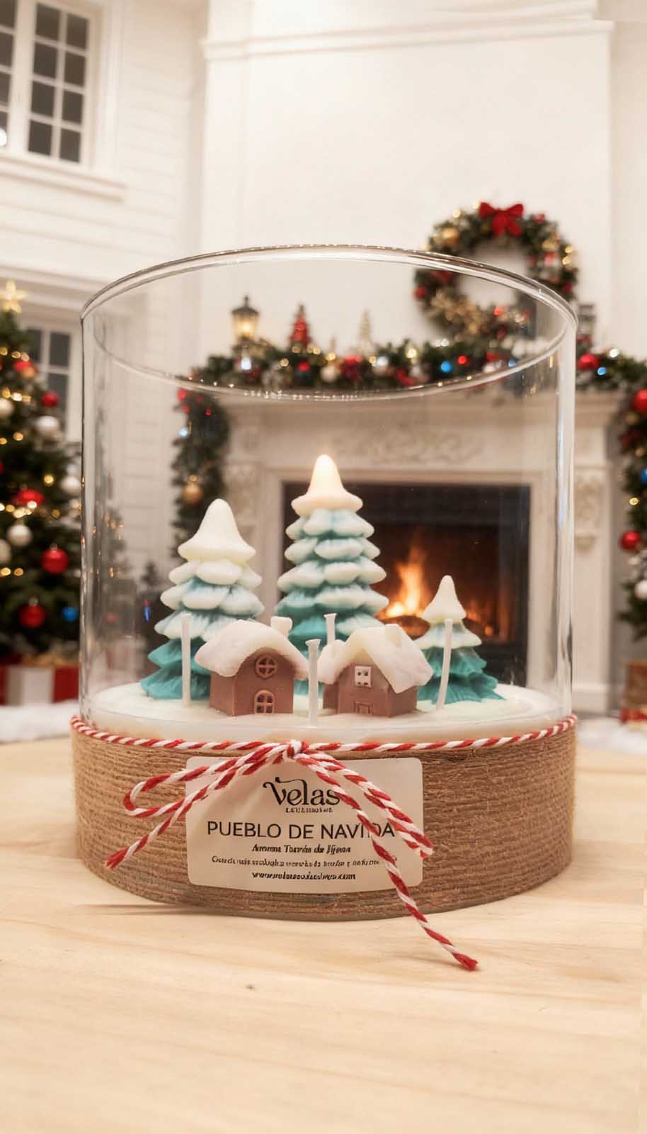 vela pueblo de navidad en jarrón de cristal. Vela exclusiva. Vela de diseño. Regalo de navidad