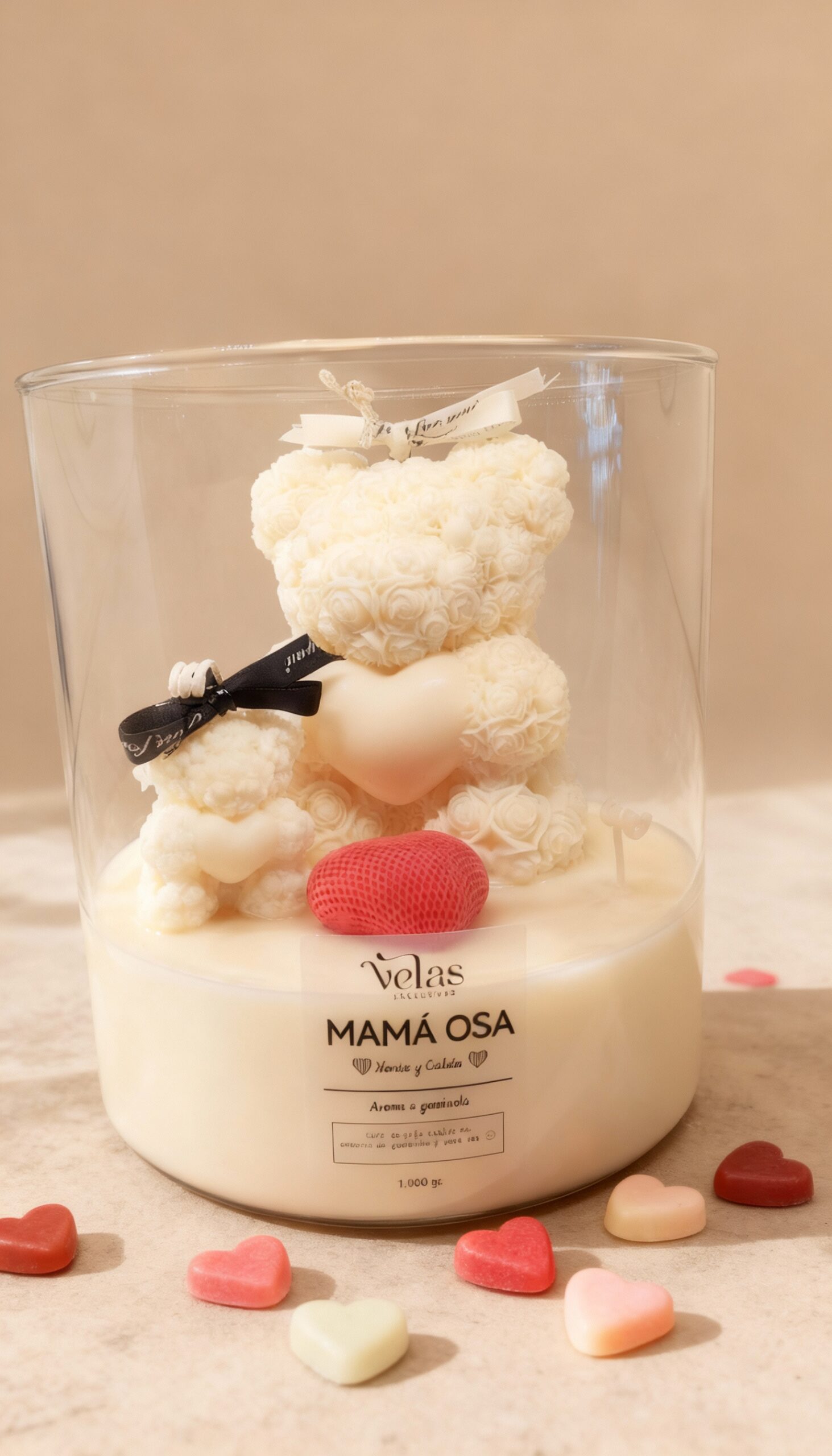 vela en jarrón de cristal con osos de rosas ideal para regalar el día de la madre o en el cumpleaños de tu madre